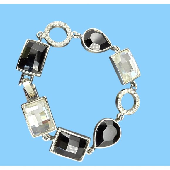 Lia Sophia Party On Silver-Tone Bracelet With Black & Clear Crystals Statement - Picture 1 of 8